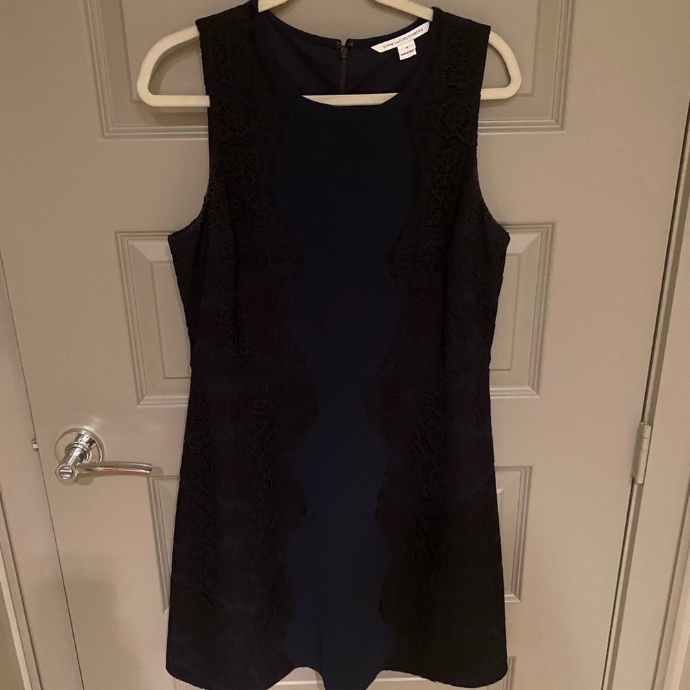 DVF Navy and Black Lace Trim Shift Dress 14
